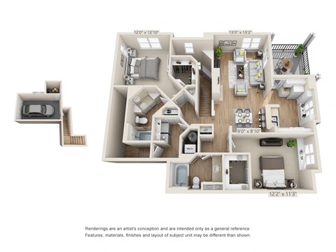 Floor plan for 2 beds, 2 baths, 1300 sqft